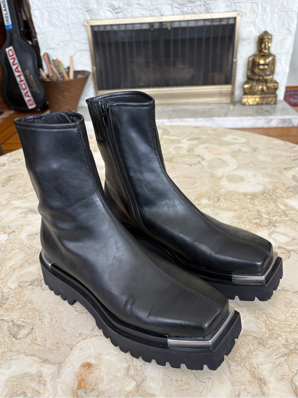 B2 “Devout” Black Leather Combat Boot Square Toe Silver Metal Tip Platform Boots - Picture 2 of 14